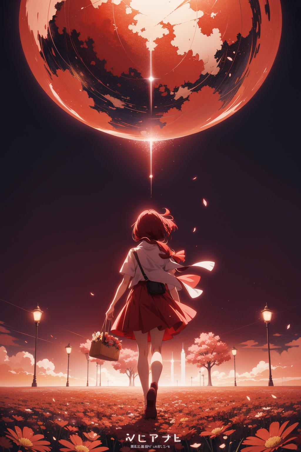 anime opening, (1girl), solo, a dreamscape aesthetic in Red theme atmosphere, mosaic background, happy, flowers, (wallpape...
